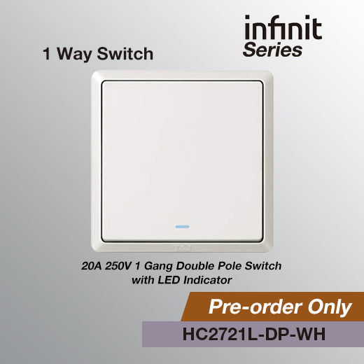 T&J INFINIT HC2721L-DP 1 Gang Double Pole Switch (WHITE WH | MATT  BLACK SBL | DARK CHAMPAGNE PS7 | CHAMPAGNE GREY ST5)