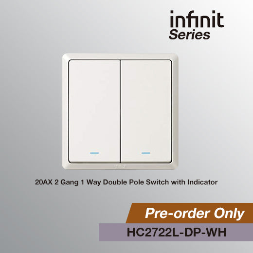 T&J INFINIT HC2722L-DP 20AX 2 Gang 1 Way Double Pole Switch with Indicator