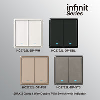 T&J INFINIT HC2722L-DP 20AX 2 Gang 1 Way Double Pole Switch with Indicator