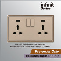 T&J INFINIT HC8318SDUSB-DP 6A 250V Twin Double Pole Switched Universal Socket; Twin USB Charger (3.6A Max)