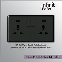 T&J INFINIT HC8318SDUSB-DP 6A 250V Twin Double Pole Switched Universal Socket; Twin USB Charger (3.6A Max)