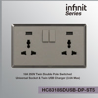 T&J INFINIT HC8318SDUSB-DP 6A 250V Twin Double Pole Switched Universal Socket; Twin USB Charger (3.6A Max)