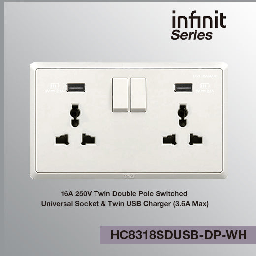 T&J INFINIT HC8318SDUSB-DP 6A 250V Twin Double Pole Switched Universal Socket; Twin USB Charger (3.6A Max)