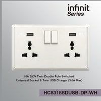 T&J INFINIT HC8318SDUSB-DP 6A 250V Twin Double Pole Switched Universal Socket; Twin USB Charger (3.6A Max)