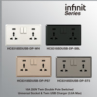 T&J INFINIT HC8318SDUSB-DP 6A 250V Twin Double Pole Switched Universal Socket; Twin USB Charger (3.6A Max)
