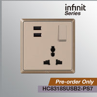 T&J INFINIT HC8318SUSB2 16A 250V Switched Universal Socket & Twin USB Charger (3.6A Max)
