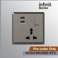 T&J INFINIT HC8318SUSB2 16A 250V Switched Universal Socket & Twin USB Charger (3.6A Max)