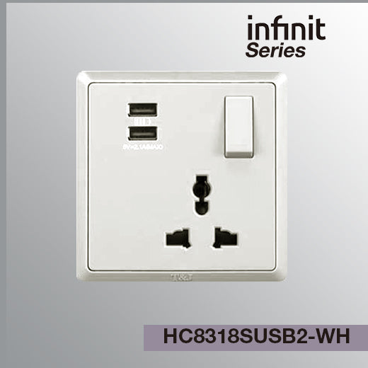 T&J INFINIT HC8318SUSB2 16A 250V Switched Universal Socket & Twin USB Charger (3.6A Max)