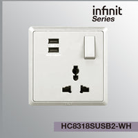 T&J INFINIT HC8318SUSB2 16A 250V Switched Universal Socket & Twin USB Charger (3.6A Max)