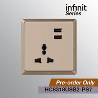 T&J INFINIT HC8318USB2 16A 250V Universal Socket & Twin USB Charger (2.1A Max)