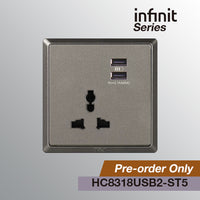 T&J INFINIT HC8318USB2 16A 250V Universal Socket & Twin USB Charger (2.1A Max)