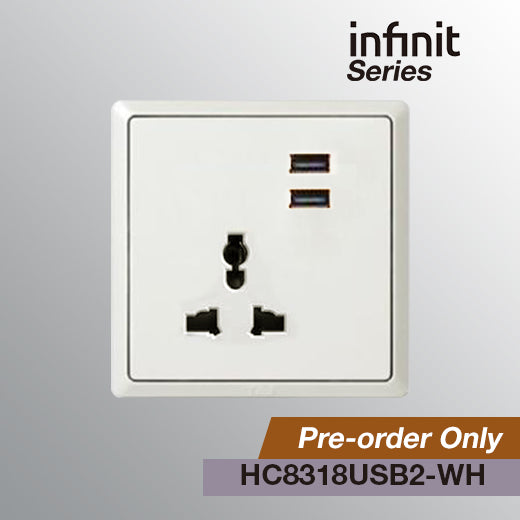 T&J INFINIT HC8318USB2 16A 250V Universal Socket & Twin USB Charger (2.1A Max)