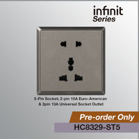 T&J INFINIT HC8329 5-Pin Socket; 2-pin 10A Euro-American; 3pin 13A Universal Socket Outlet