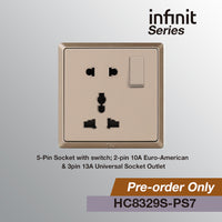 T&J INFINIT HC8329S 5-Pin Socket with Switch; 2-pin 10A Euro-American & 3pin 13A Universal Socket Outlet