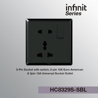 T&J INFINIT HC8329S 5-Pin Socket with Switch; 2-pin 10A Euro-American & 3pin 13A Universal Socket Outlet
