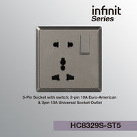T&J INFINIT HC8329S 5-Pin Socket with Switch; 2-pin 10A Euro-American & 3pin 13A Universal Socket Outlet