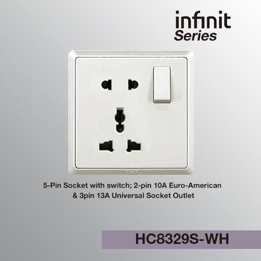 T&J INFINIT HC8329S 5-Pin Socket with Switch; 2-pin 10A Euro-American & 3pin 13A Universal Socket Outlet