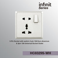 T&J INFINIT HC8329S 5-Pin Socket with Switch; 2-pin 10A Euro-American & 3pin 13A Universal Socket Outlet