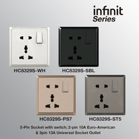 T&J INFINIT HC8329S 5-Pin Socket with Switch; 2-pin 10A Euro-American & 3pin 13A Universal Socket Outlet