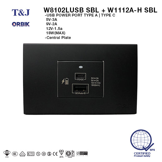 T&J CLASSIC USB Power Port Type A & Type C (5V-3A, 9V-2A, 12V-1.5A, 18W Max)