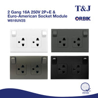 T&J Orbik 16A 250V 2-Pin+Earth  Switched Euro-American Socket | W816UV2S