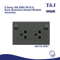 T&J Orbik 16A 250V 2-Pin+Earth  Switched Euro-American Socket | W816UV2S