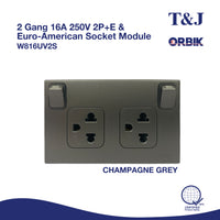T&J Orbik 16A 250V 2-Pin+Earth  Switched Euro-American Socket | W816UV2S