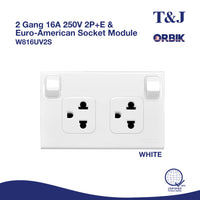 T&J Orbik 16A 250V 2-Pin+Earth  Switched Euro-American Socket | W816UV2S