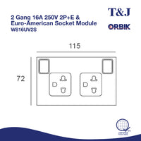 T&J Orbik 16A 250V 2-Pin+Earth  Switched Euro-American Socket | W816UV2S
