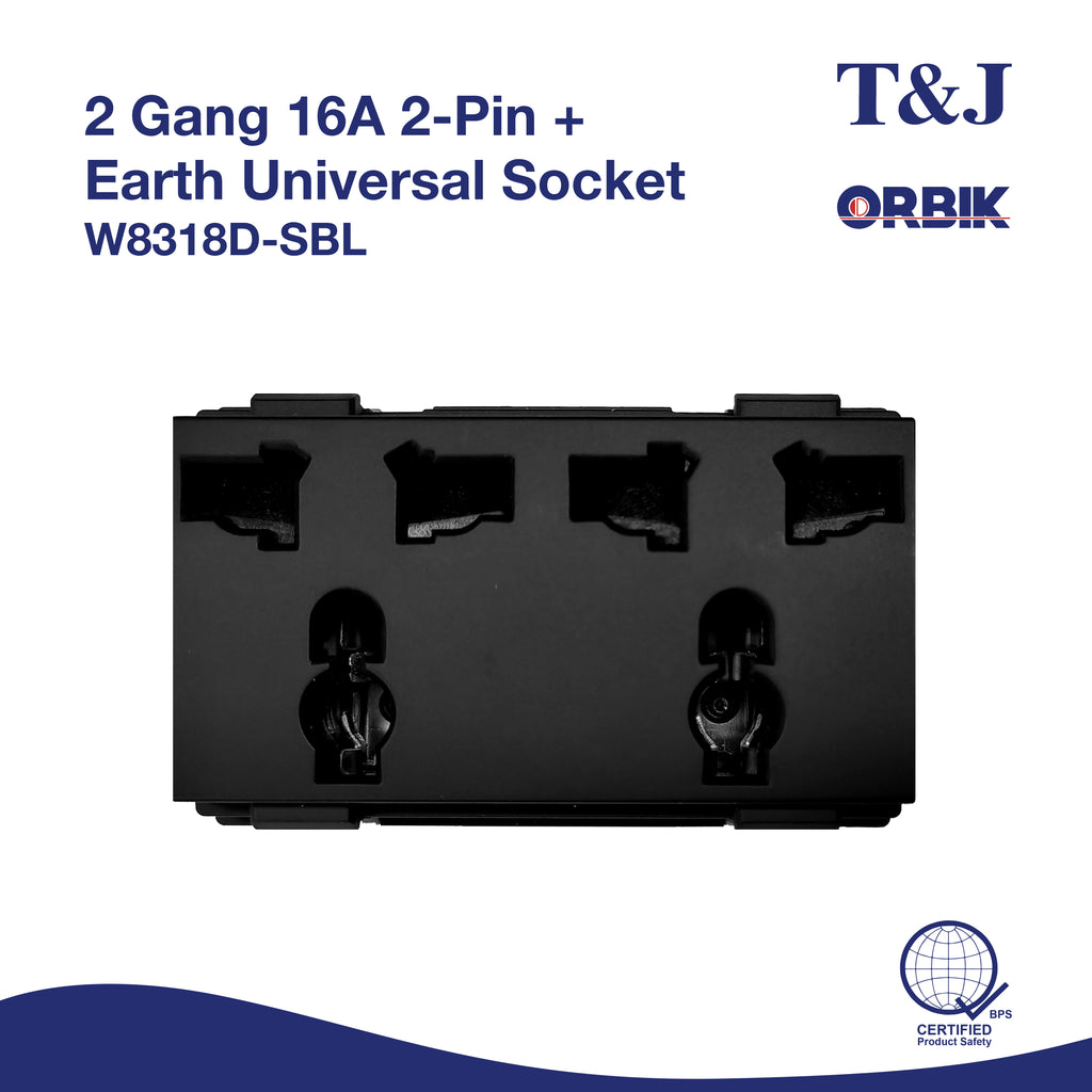 T&J Orbik 2 Gang 16A 2-Pin + Earth Universal Socket Matt Black | W8318D SBL