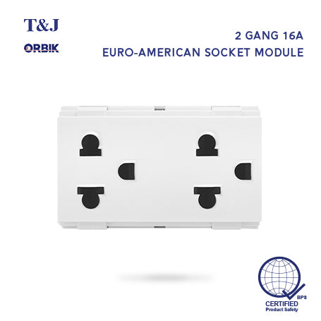 T&J Orbik 2 Gang 16A 250V 2-Pin + Earth Euro-American Socket Module White | W8416V2