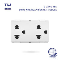 T&J Orbik 2 Gang 16A 250V 2-Pin + Earth Euro-American Socket Module White | W8416V2